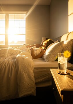 Woman and man sleeping in bed during sunrise. Couple resting in bedroom with morning sunlight streaming through window. Glass with ice and lemon on bedside table. Peaceful lifestyle.