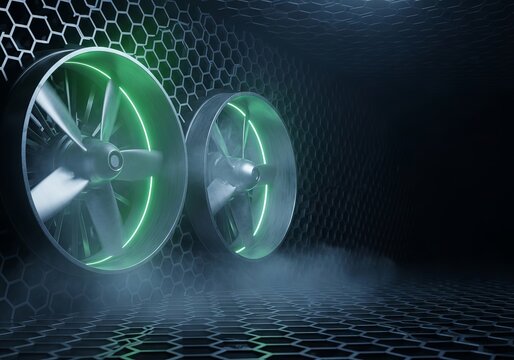 Industrial ventilation fan in motion with green neon light. Futuristic cooling system for high performance computer server data center. Technology hardware ventilation and airflow concept.