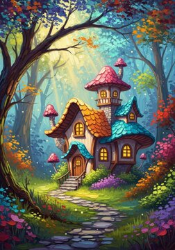 Colorful mushroom house in a magical forest. Fantasy cottage with stone path and glowing windows. Fairy tale landscape nature illustration for creative children project and book cover design.