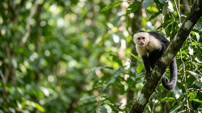 White-faced capuchin monkey perched on a tree branch in a rainforest