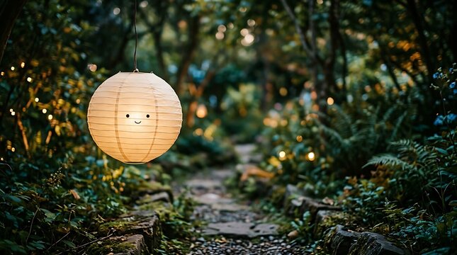 Glowing smiley paper lantern hanging in a magical forest path