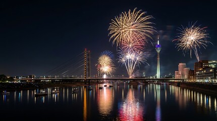Fototapeta premium Fireworks exploding over a modern city skyline with river reflections