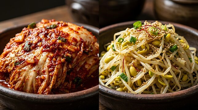 Traditional Korean Banchan Side Dishes Featuring Spicy Fermented Kimchi and Seasoned Bean Sprout Namul in Rustic Earthenware Bowls