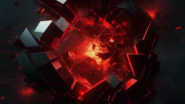 Abstract digital explosion with red glowing fragments in dark space