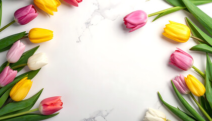 Naklejka premium Frame of colorful tulips and green leaves on a white marble background, spring bouquet arrangement, fresh floral design
