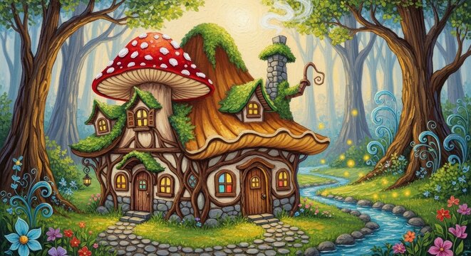 Mushroom house in fantasy forest. Cozy cottage build inside giant mushroom with glowing windows. Magical woodland landscape with stream and trees. Fairy tale illustration for book story.