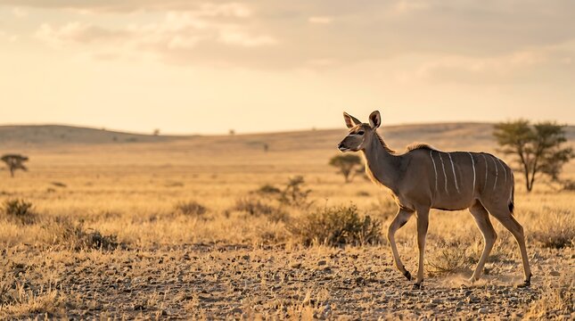 Female kudu antelope walking across the dry savanna at golden hour