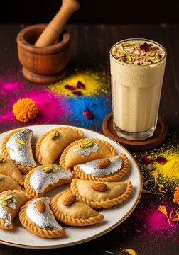 Traditional gujiya sweet with glass of cold thandai drink on table. festive indian meal for holi celebration. homemade fried dumplings with nuts and silver leaf background for party.