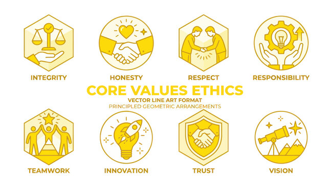 Core Values Ethics Icons: Integrity, Honesty, Respect, Responsibility, Teamwork, Innovation, Trust, Vision