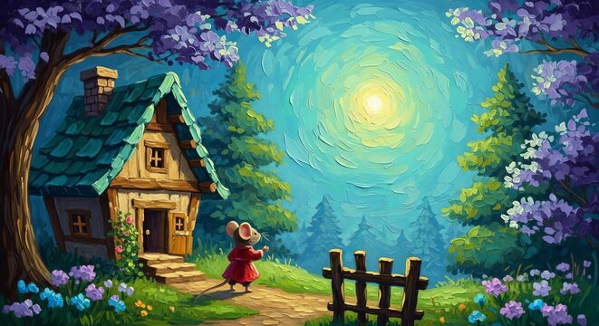 Little mouse in red coat standing before cozy wooden house in forest under bright moon. Fairytale illustration with impasto oil painting style. Fantasy woodland setting at night.