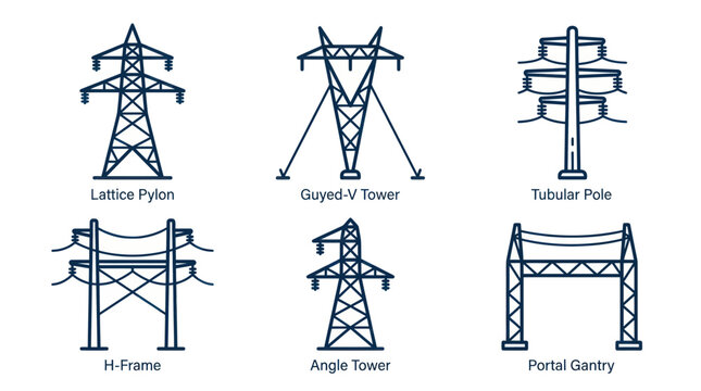 Electricity Transmission Towers Types: Lattice, Guyed, Tubular, H-Frame, Angle, Portal