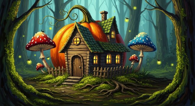 Fairy tale cottage built inside a large pumpkin in an enchanted forest. Magic house with glowing windows and mushrooms in the woods. Whimsical fantasy autumn scene for Halloween holiday.