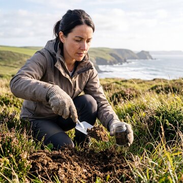 Female Environmental Scientist Collecting Soil Samples on a Coastal Cliff
