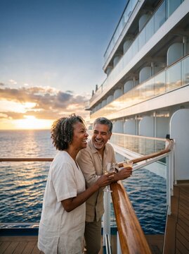 Happy Senior Couple Enjoying Drinks on Cruise Ship Balcony at Sunset