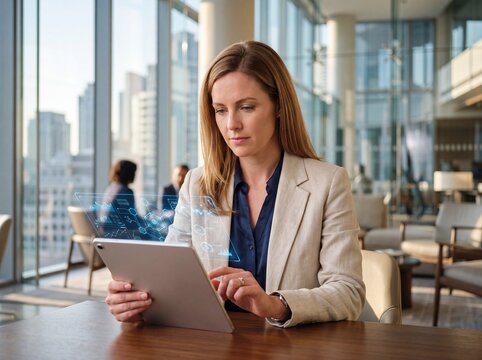 Professional Businesswoman Using Tablet with Futuristic Holographic Data Interface in Modern Office