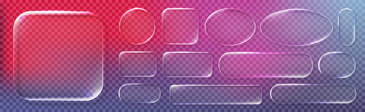 Realistic glassmorphism style basic IU mockup elements isolated on transparent background. Neon glass transparent frame collection. Blur grass style shapes template design. Vector illustration