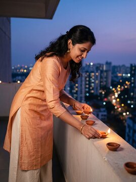Young Indian woman lighting traditional clay diyas on a balcony during Diwali festival at night