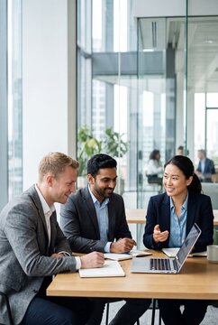 Diverse business team collaborating in a modern office, discussing data on a laptop during a professional meeting