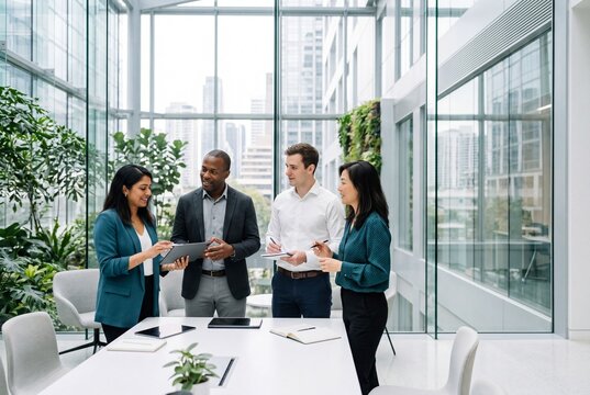 Diverse group of business professionals collaborating and discussing a project using a digital tablet in a modern, bright office