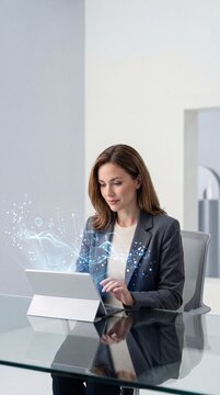 Professional Businesswoman Using Tablet with Glowing Digital Data Visualization in Modern Office