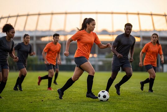 Diverse group of young athletes playing a soccer match on a green field at sunset with a stadium in the background
