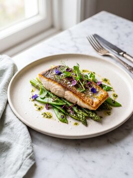 Pan-seared fish fillet with crispy skin served on a bed of grilled asparagus and snap peas, garnished with microgreens and edible flowers