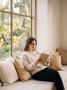 Young woman relaxing and reading a book on a cozy window seat at home