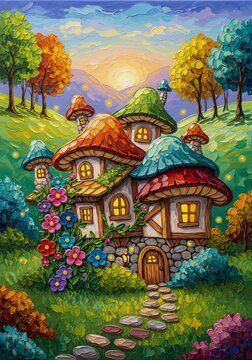 Mushroom house in fantasy forest. Fairytale cottage with colorful nature landscape at sunset. Whimsical painting style illustration for children book storybook and magical home concept.