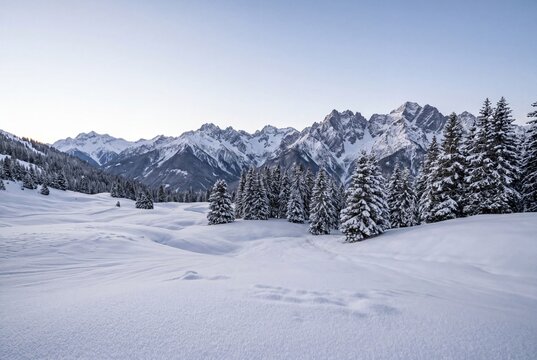Breathtaking Winter Landscape of Snow-Covered Mountain Peaks and Evergreen Forest in the Alps