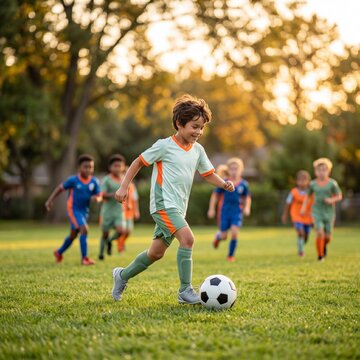 Happy Young Boy Dribbling Soccer Ball on Green Field During Match at Sunset with Friends