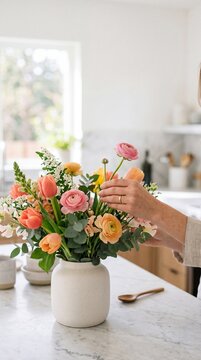 Woman's hands arranging a colorful spring flower bouquet in a white ceramic vase on a marble kitchen counter