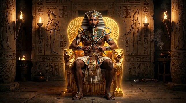 Ancient Egyptian pharaoh sitting on a golden throne inside a dimly lit temple.