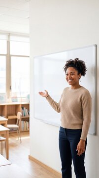 Smiling African American female teacher gesturing towards a blank whiteboard in a bright classroom