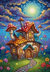 Obraz premium Mushroom house in fantasy forest landscape. Fairytale cottage with glowing windows under magical moonlit sky. Whimsical woodland dwelling with vibrant flowers. Surreal garden art concept.