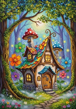 Colorful fairytale cottage with mushroom chimneys in enchanted forest. Fantasy house illustration with glowing flowers and magical woodland scene. Whimsical dwelling for storybook art.