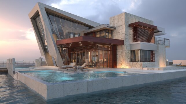 Contemporary waterfront residence features stark angles and integrated swimming pool area during twilight