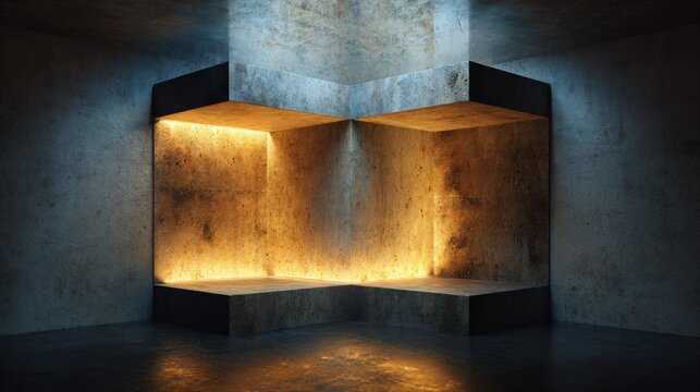 Architectural interior space features a rough textured concrete nook illuminated by warm directional light.