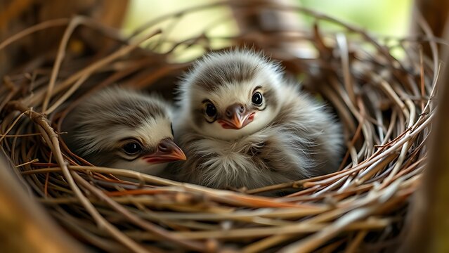 A fluffy fledgling bird in a nest, smaller than its siblings, with a soft-focus background.