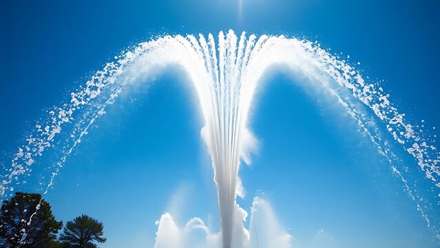 A fountain's water jet arching against a blue sky with sunlight creating glints.