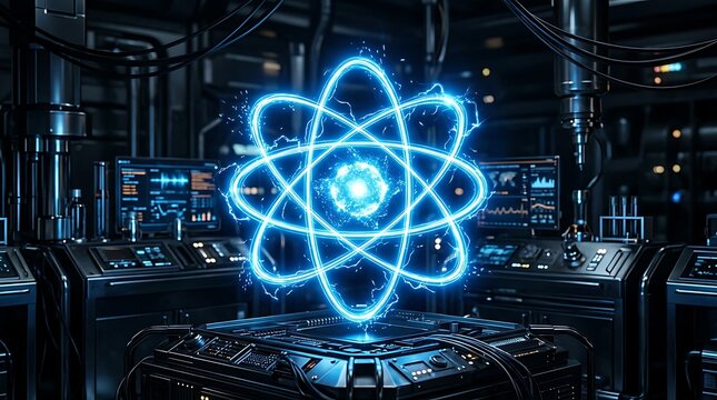 Futuristic glowing atom model floating in a high tech scientific laboratory environment.