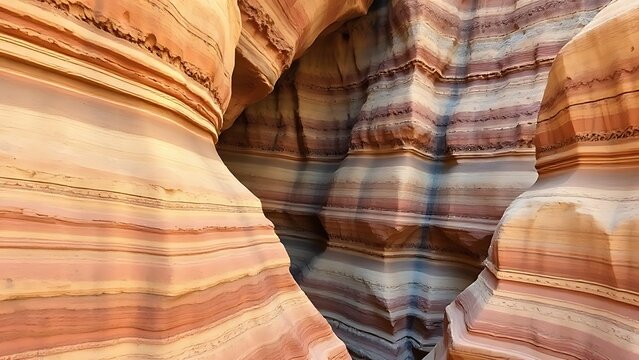 Stepped rock layers in a canyon wall, desert landscape.