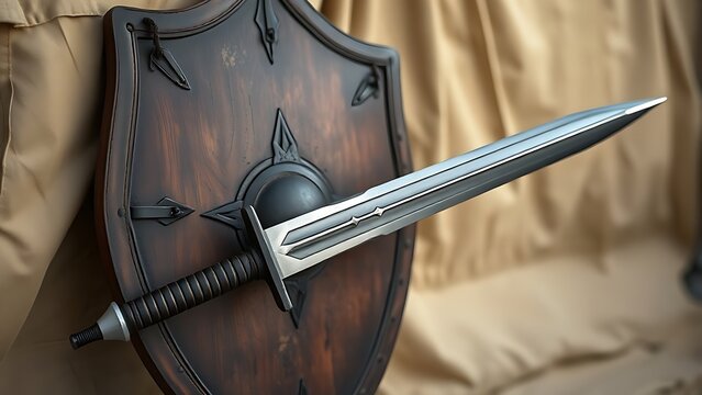 A meticulously crafted foam longsword leans against an antiqued leather shield on a tent canvas.