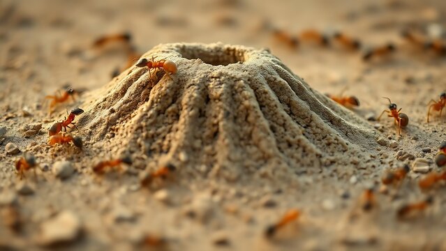 A detailed anthill in sandy soil with a single claw mark.