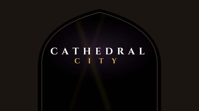 Elegant cathedral city text animation in arched window frame