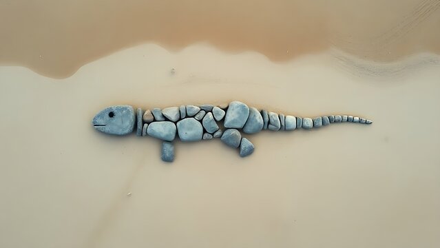 Outline of a plesiosaur made from grey river stones on a sandy beach.