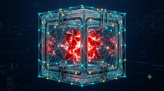 An immaculate 3D abstract illustration of a heavy sealed glass cubic containment unit holding a jagged erratic violently glowing red corrupted fragment. The design features translucent glassmorphic st