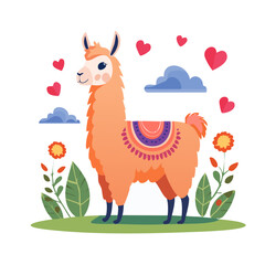 Fototapeta premium Cute llama illustration with hearts and flowers