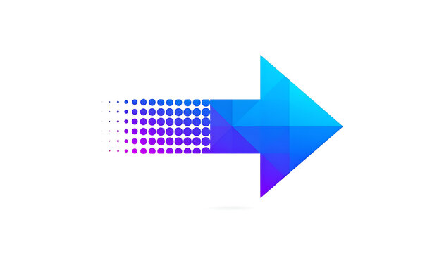 Geometric arrow shape with fragmented effect, fading from blue and purple pixels to solid shape, vector graphic