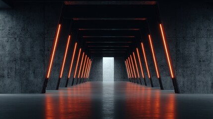 Fototapeta premium Tunnel interior features parallel rows of vibrant orange illumination fixtures against rough concrete walls