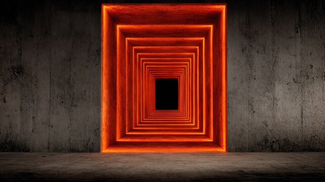 Concentric glowing squares form a portal structure set against a textured concrete background.